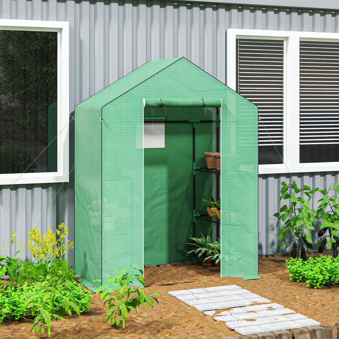 Drivhus med hylder, minidrivhus, uv-bestandigt, netvindue, lynlåsdør, 143l x 74b x 190h cm, grøn