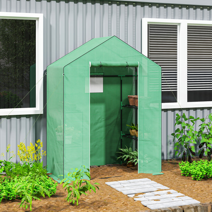 Drivhus med hylder, minidrivhus, uv-bestandigt, netvindue, lynlåsdør, 143l x 74b x 190h cm, grøn