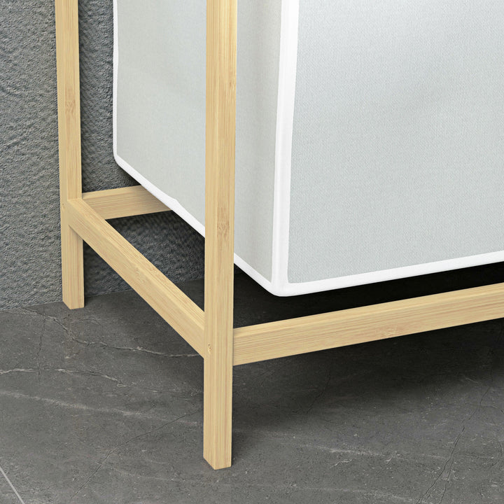 Vasketøjskurv med 2 vasketøjsposer, 1 hylde, bambus, 63,5 cm x 33 cm x 73 cm, lysegrå + natur