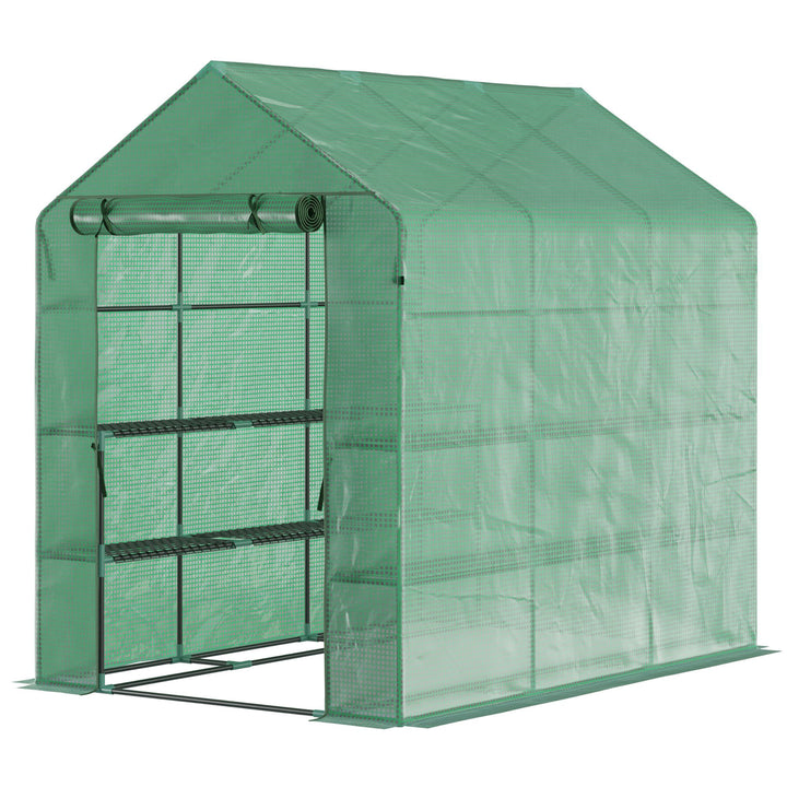 Plastikdrivhus, walk-in drivhus med 8 hylder, tomatdrivhus, drivhus, kold ramme med dør, grøn stål, pe-plast 214 x 143 x 195 cm