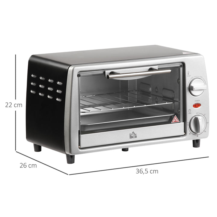 Miniovn 10 L 750W 100-230℃ 60 min timer med bageplade, grillrist og aftagelig bundplade, pizzaovn sølv
