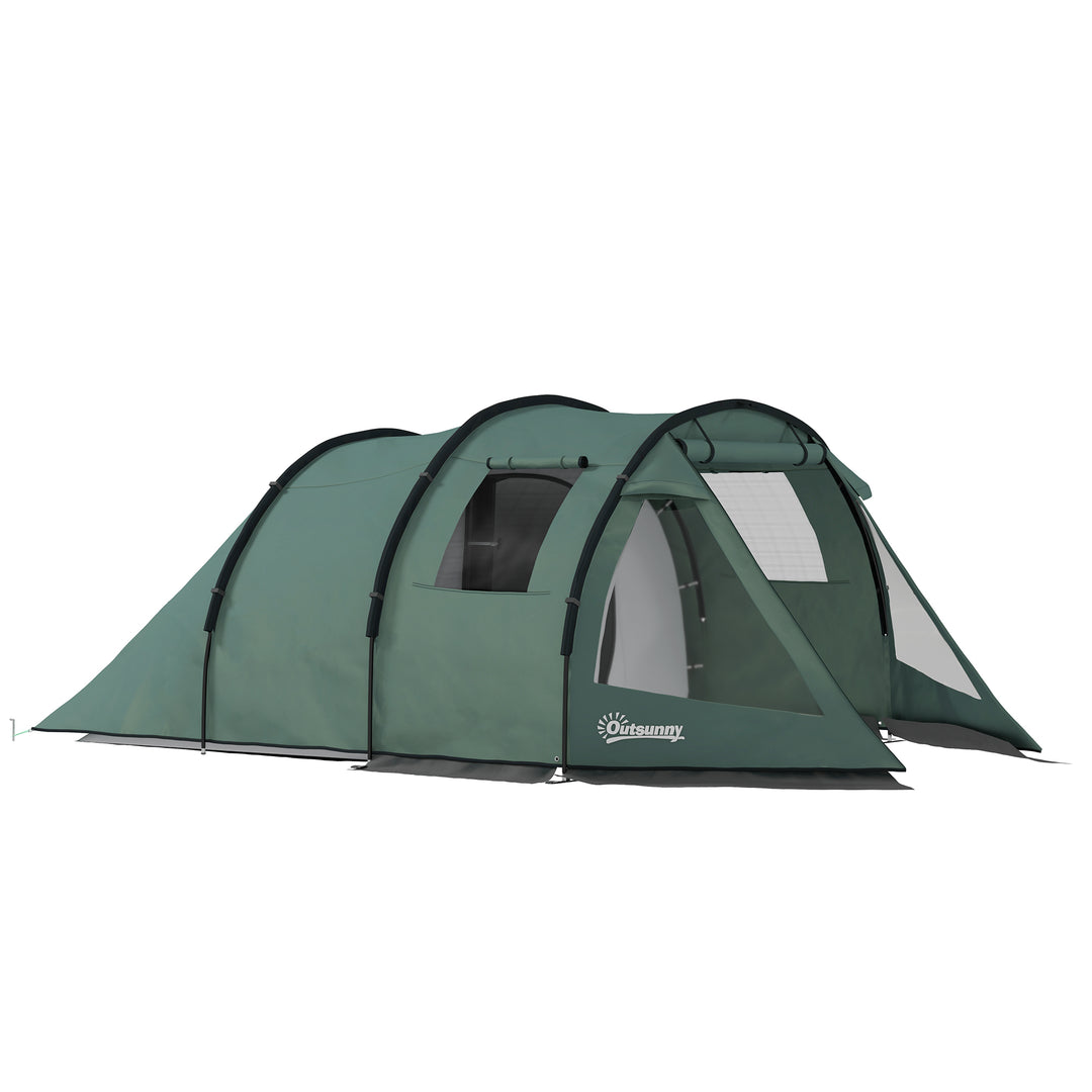 Campingtelt til 3-4 personer, to indvendige rum, netvinduer, grøn, 4,75 x 2,64 x 1,72 m