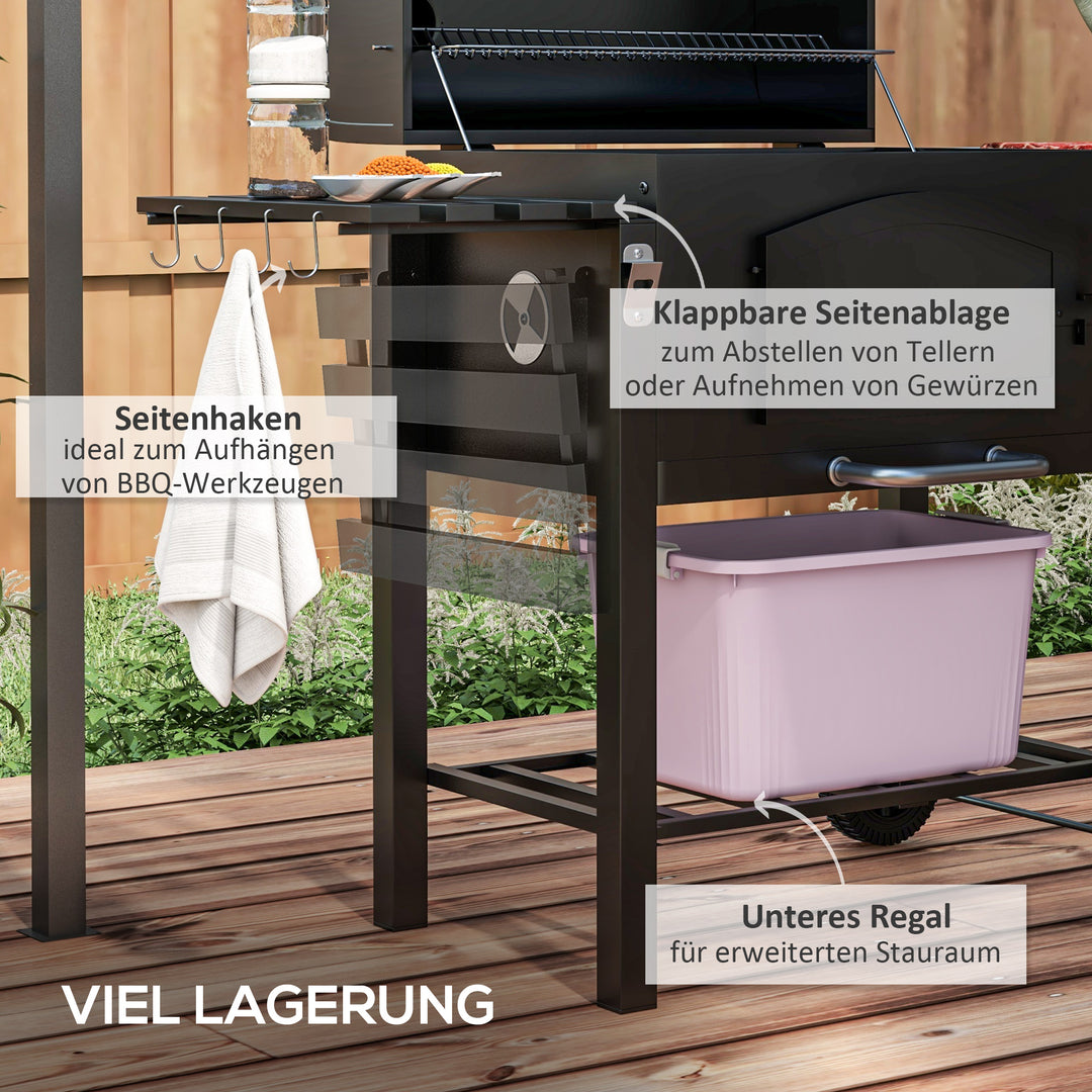Kulgrill-røgovn, justerbart kulrum, sidehylder, 124 x 66 x 112 cm, sort