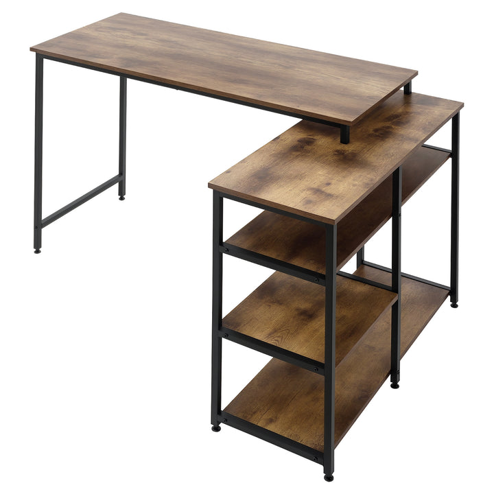 Hjørnebord vinkelbord pc-bord computerbord kontorbord hylde skuffe l-formet spånplade metal rustik brun 135 x 90 x 79 cm