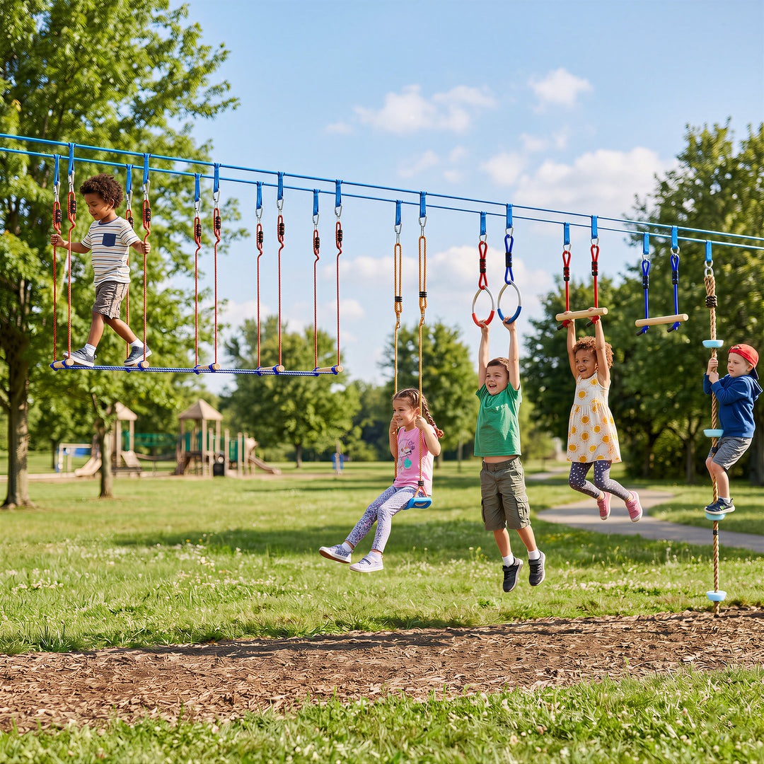 Ninja Line Kids 24m Slackline-sæt med gymnastikringe, 7 forhindringer, klatrestang og balancebro til alderen 3-6