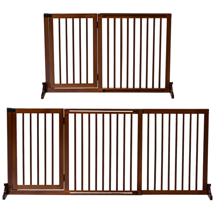 Hundegitter dør sikkerhedsgitter træ fritstående hundegitter med dør hundebarrier konfigurationsgitter til pejs og komfur brun 113-166 x 36 x 71 cm