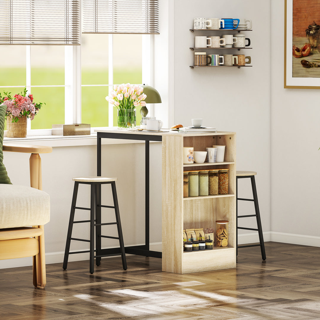 3-Delt barbordssæt, 1 bordplade, 2 stole, med opbevaring og fodstøtter, pladsbesparende, lysebrun + sort
