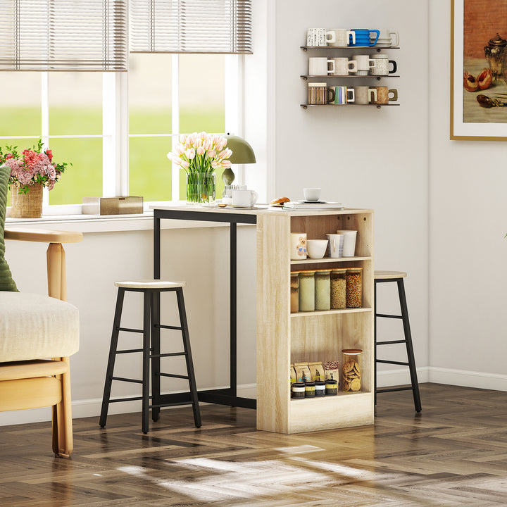 3-Delt barbordssæt, 1 bordplade, 2 stole, med opbevaring og fodstøtter, pladsbesparende, lysebrun + sort