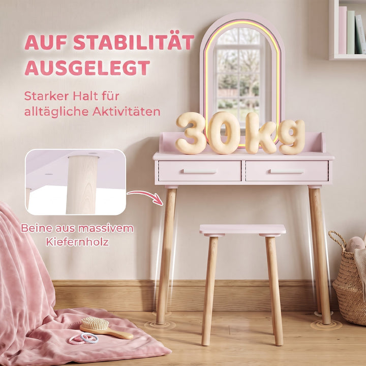 Børne 2-i-1 sminkebordssæt med LED-spejl til piger, pink