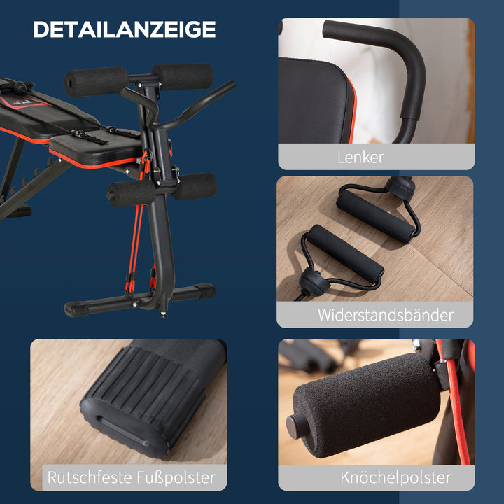 Vægtbænk justerbar træningsbænk med elastisk reb siddebænk til hjemmetræning 6 niveauer ryglæn skråvægt op til 150 kg stål kunstlæder sort+rød 145 x 49 x 48-127 cm