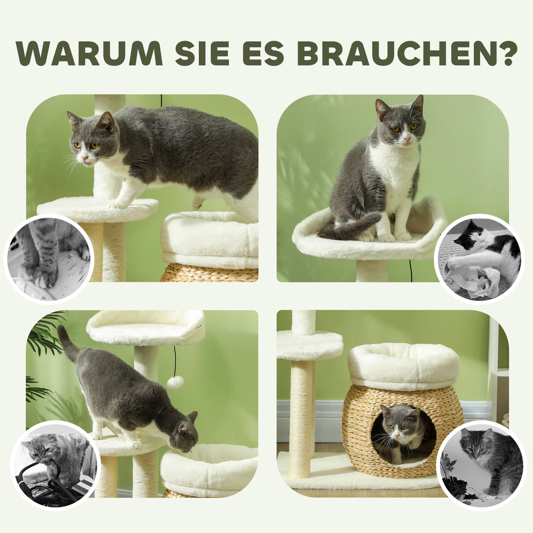 Kradsetræ med kattehule, legebold og platform, rør/sisal, op til 10 kg, 60 x 40 x 79 cm, cremehvid