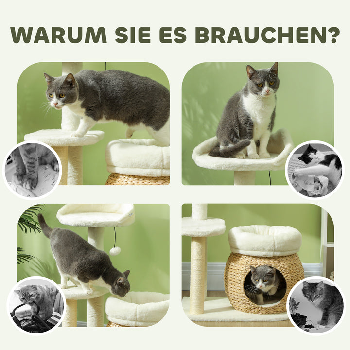 Kradsetræ med kattehule, legebold og platform, rør/sisal, op til 10 kg, 60 x 40 x 79 cm, cremehvid