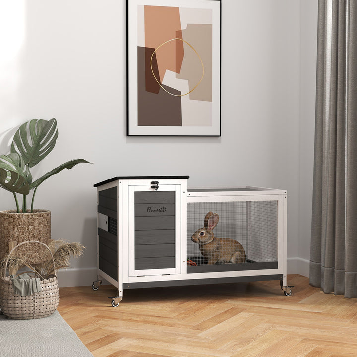 Kaninbur i træ med fritgående indhegning, hjul, foldetag, til indendørs og udendørs brug, 92 x 52 x 67 cm, mørkegrå