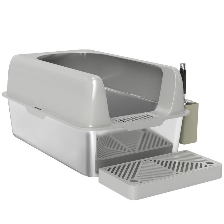 Kattebakke, rustfrit stål, høje vægge, opbevaringsboks, lysegrå