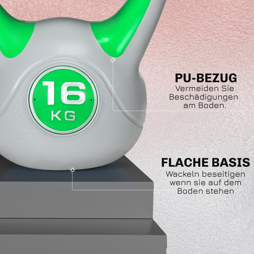 Kettlebell, 16 kg, flad bund, stort håndtag, vægtkugle, grøn, 27 x 17 x 31 cm