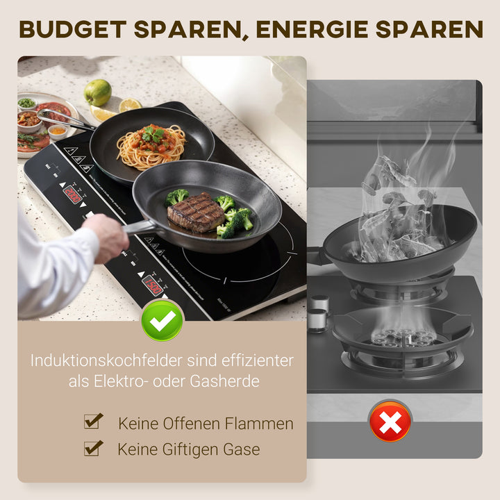 Bærbar induktionskogeplade, 10-trins temperaturkontrol, touchpanel, sort