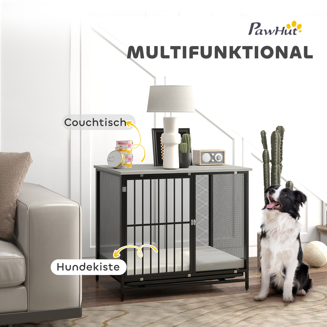 Hundebur med polstret seng, hævet bund, justerbare fødder, 80x55x71 cm, eg/sort