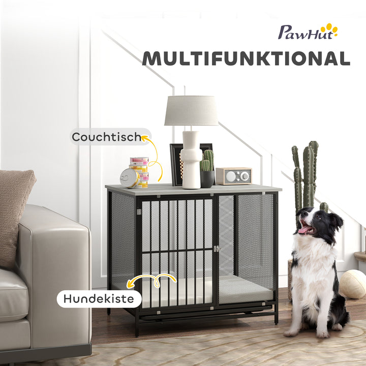 Hundebur med polstret seng, hævet bund, justerbare fødder, 80x55x71 cm, eg/sort