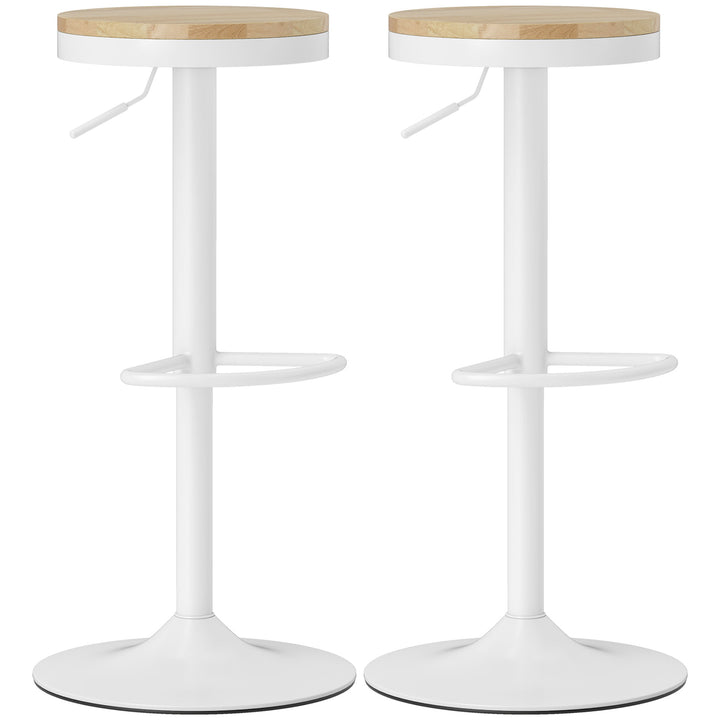 Barstolsæt med 2, højdejusterbar, 360° drejelig, med stålstel og fodstøtte, 38,5x38,5x60-80 cm, naturtræ + hvid