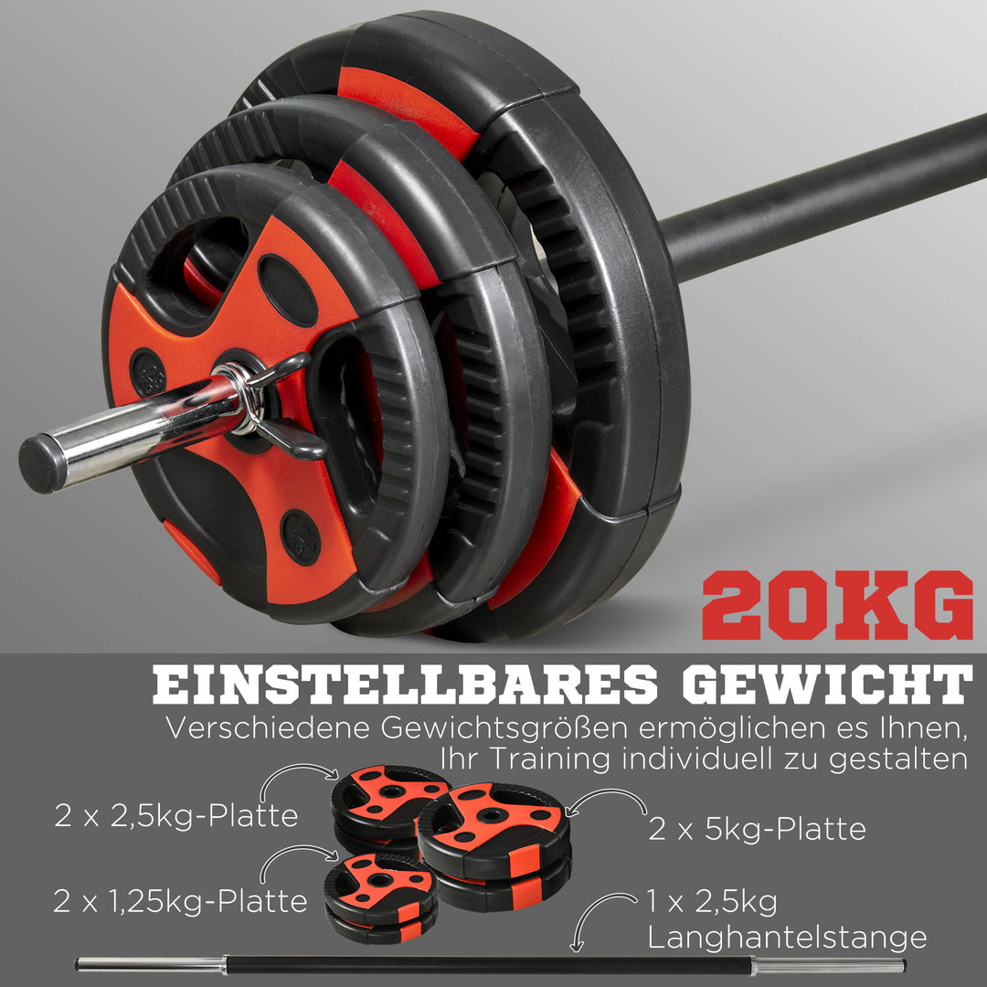 Vægtstangssæt 20 kg, inklusive 6 vægtskiver, 2 x 5 kg, 2 x 2,5 kg, 2 x 1,25 kg, skridsikker stang, sort + rød