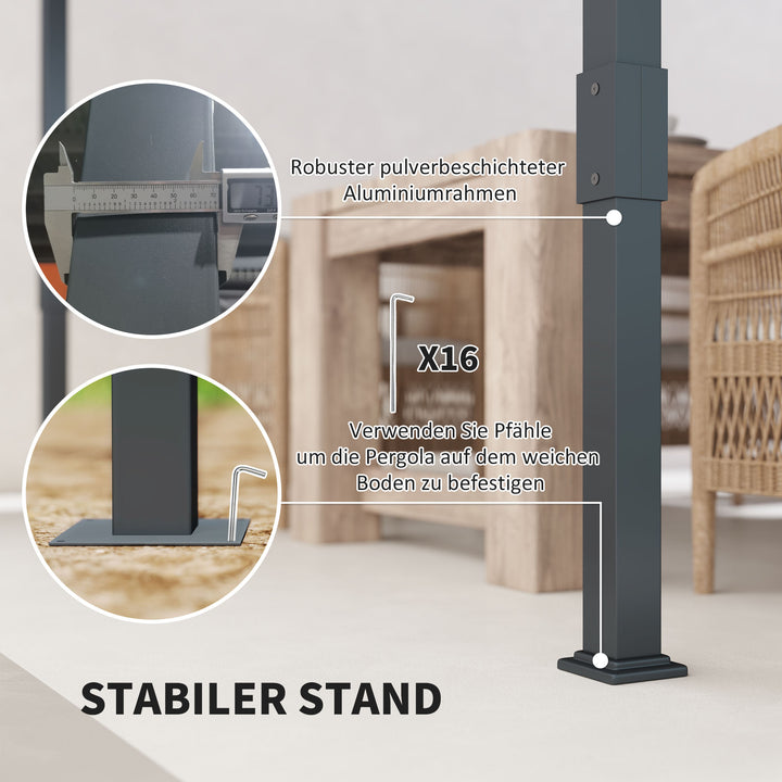 Pergola pavillon ca. 3,5x3m aluminium stabil vinterbestandig solbeskyttelse med justerbart skydetag grå