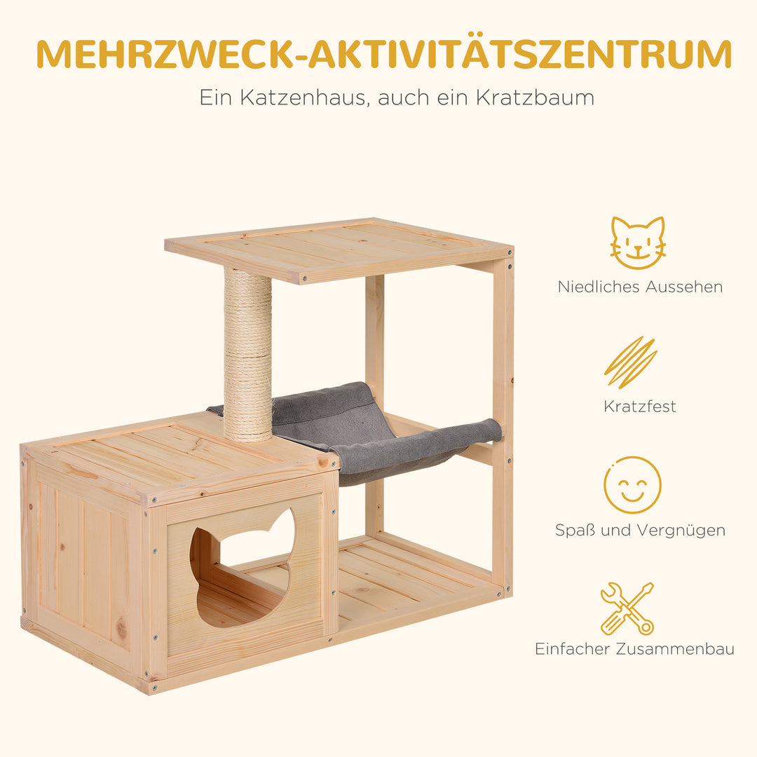 Kattehus med hængekøje, kattekasse med sisalstolpe, kattehule, kradsetræ, aktivitetscenter til katte, fyrretræ, naturtræ, 70 x 35 x 60 cm