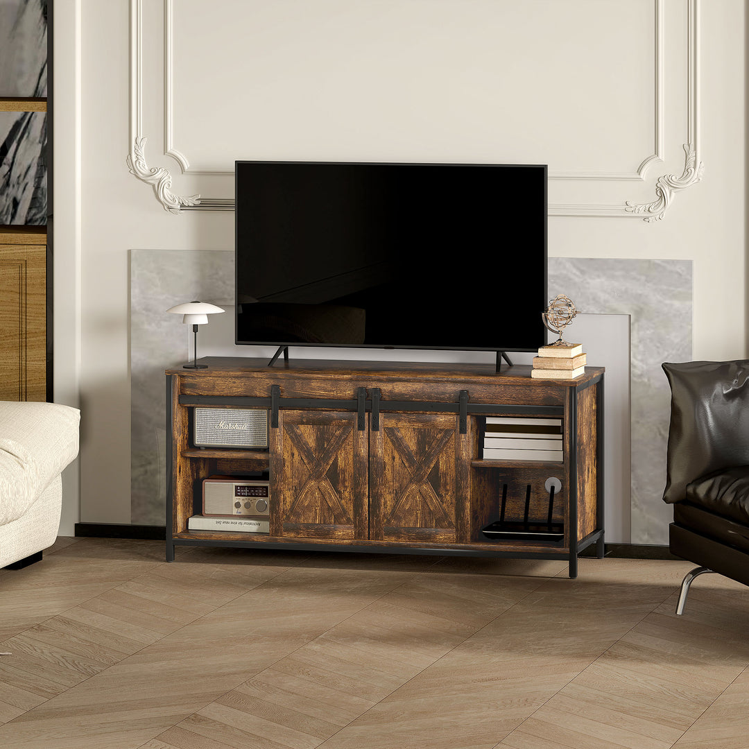 TV-lavbord, industrielt design, til 60" TV, 6 rum, 2 skydelåger, brun/sort