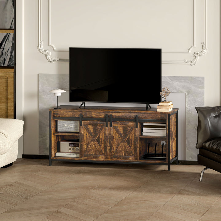 TV-lavbord, industrielt design, til 60" TV, 6 rum, 2 skydelåger, brun/sort