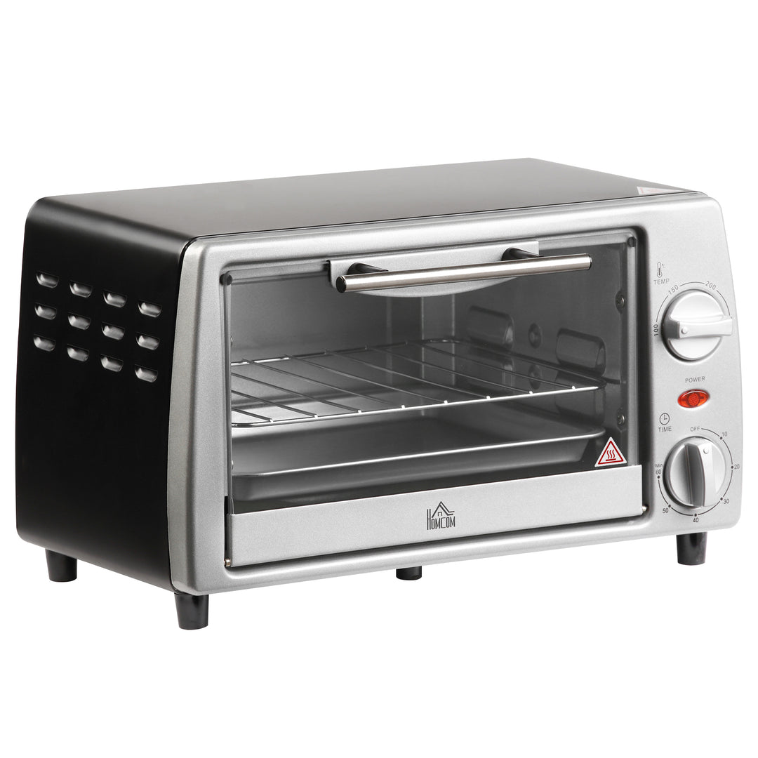 Miniovn 10 L 750W 100-230℃ 60 min timer med bageplade, grillrist og aftagelig bundplade, pizzaovn sølv