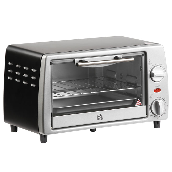 Miniovn 10 L 750W 100-230℃ 60 min timer med bageplade, grillrist og aftagelig bundplade, pizzaovn sølv