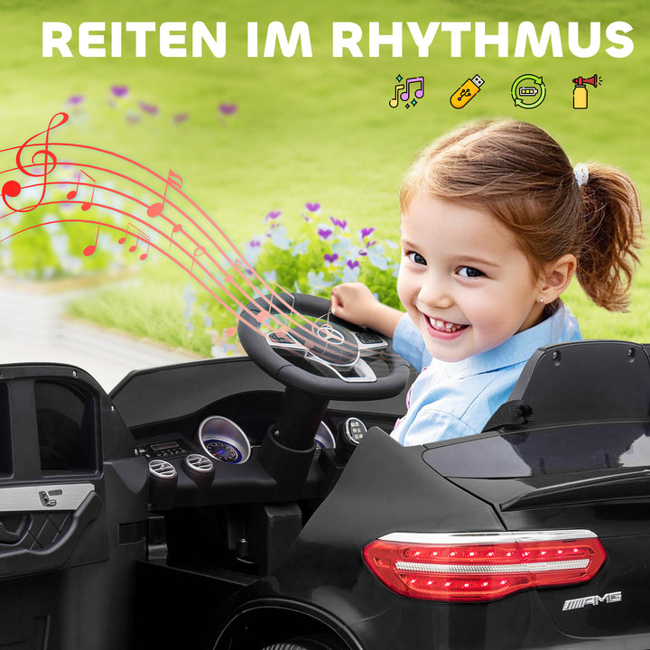 Børne elbil, 12V, med 2.4G fjernbetjening, 2 motorer, horn, musik, sikkerhedssele, til børn i alderen 37-60 måneder, sort