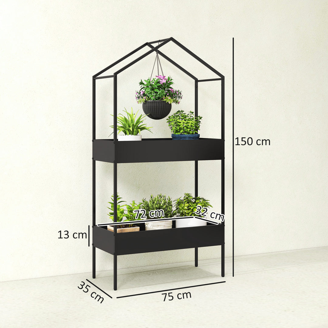 2-etagers husformet plantestativ, 150 cm højt, blomsterstativ med kroge, metal, sort