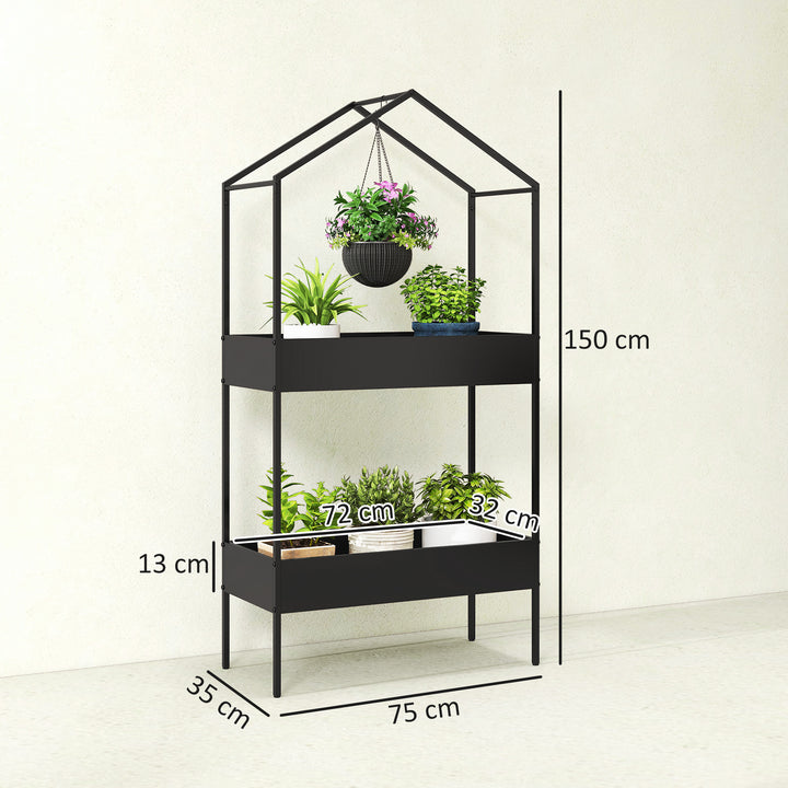 2-etagers husformet plantestativ, 150 cm højt, blomsterstativ med kroge, metal, sort