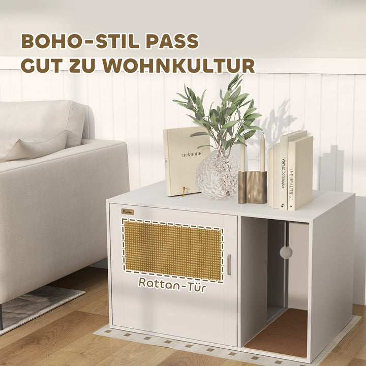 Stilfuld kattebakke med kradsemåtte, rattandør, 80 x 50 x 50 cm, hvid