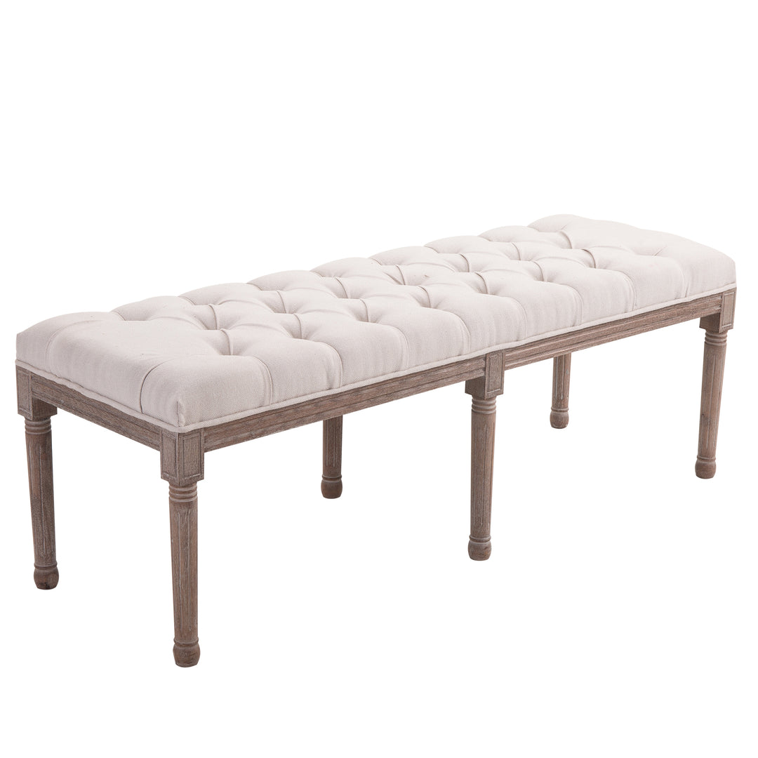 Polstret lounge-skammel vintage retro med knapper hør + træ beige 142 x 47 x 51 cm