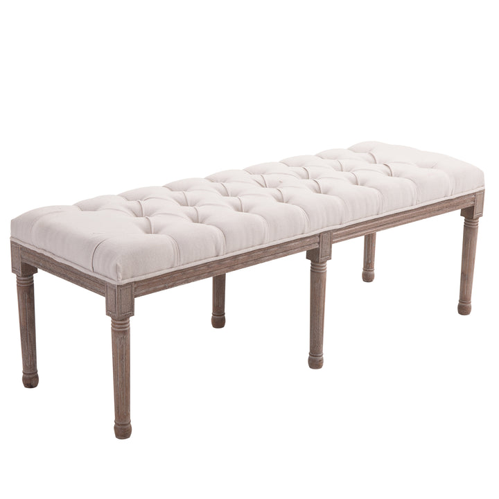Polstret lounge-skammel vintage retro med knapper hør + træ beige 142 x 47 x 51 cm