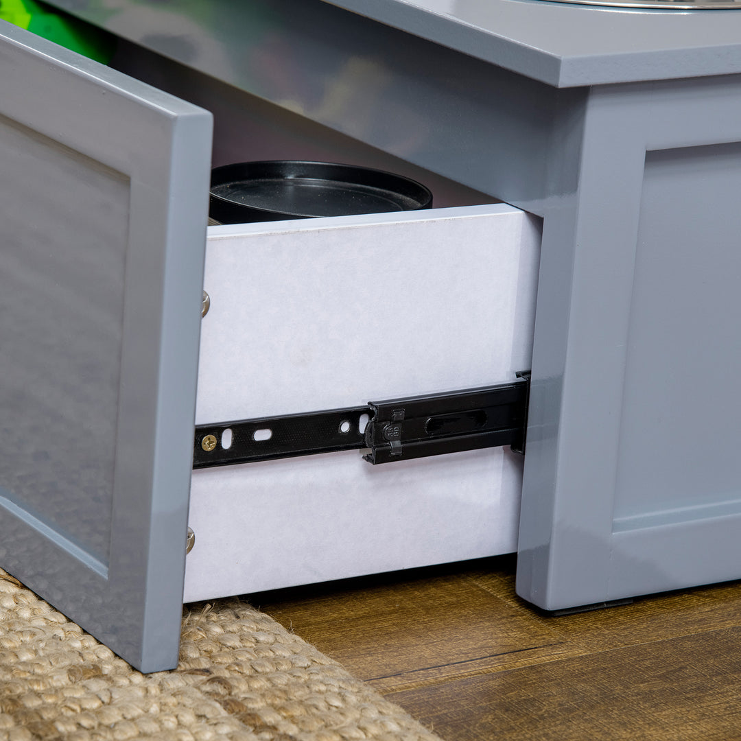 Foderstation, 2 2-liters skåle, rustfrit stål, med skuffe, til mellemstore hunde, grå, 60 x 30 x 24 cm