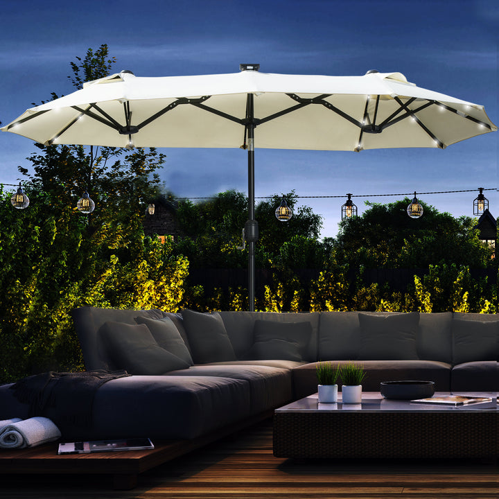 Dobbelt parasol, terrasseparasol, vipbar, med solpanel, 35 LED'er, stålramme, beige, 2,92 x 1,50 x 2,18 m
