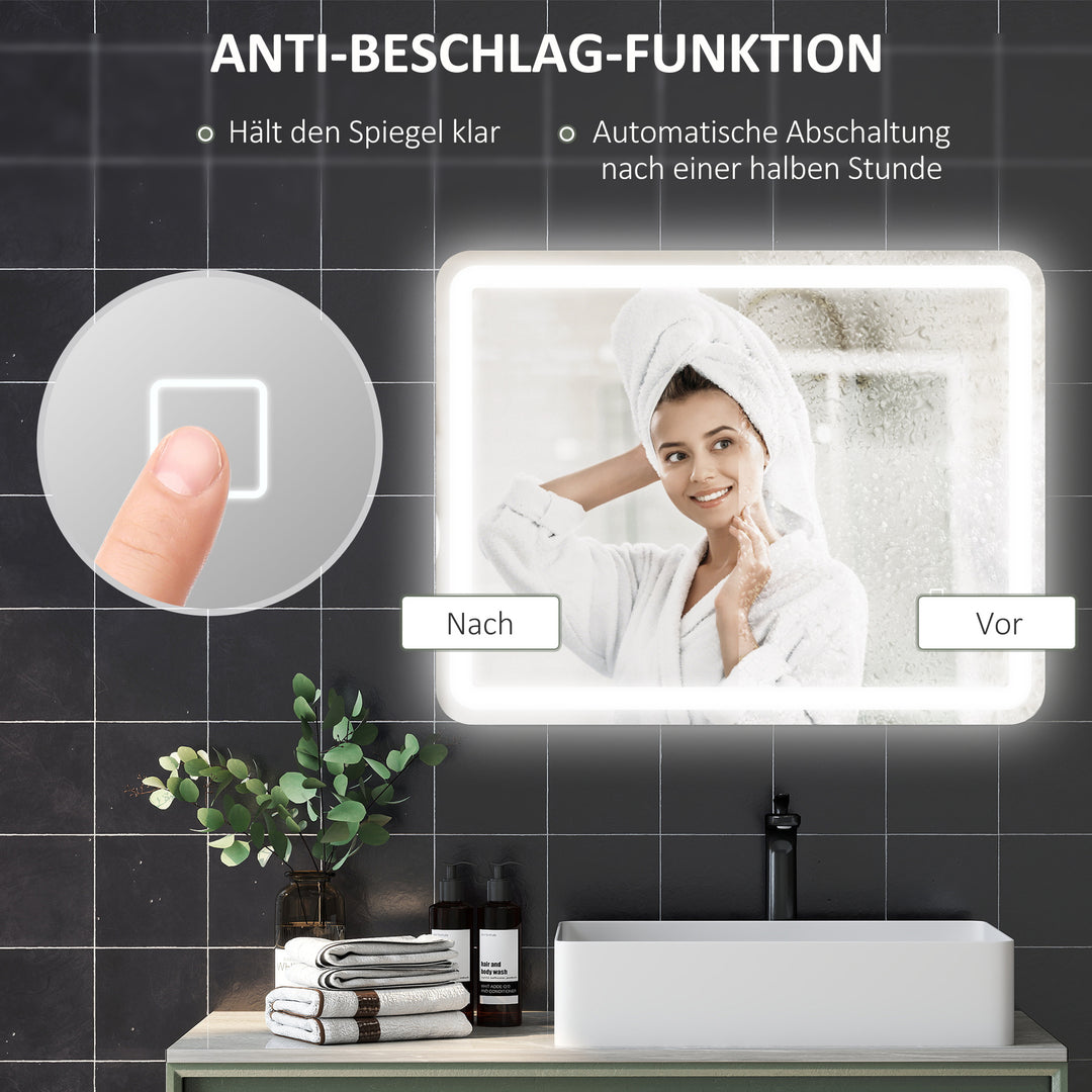 Badeværelsesspejl, belyst, touch-betjening, antidug, dæmpbar, 3 lysfarver, 70x90, sølv