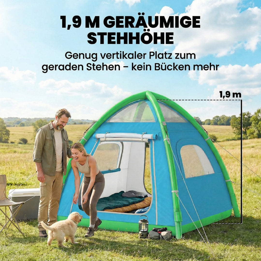 Oppusteligt 3-personerstelt, hurtig opsætning, udendørs campingtelt med luftpumpe, netvinduer, aftageligt tag