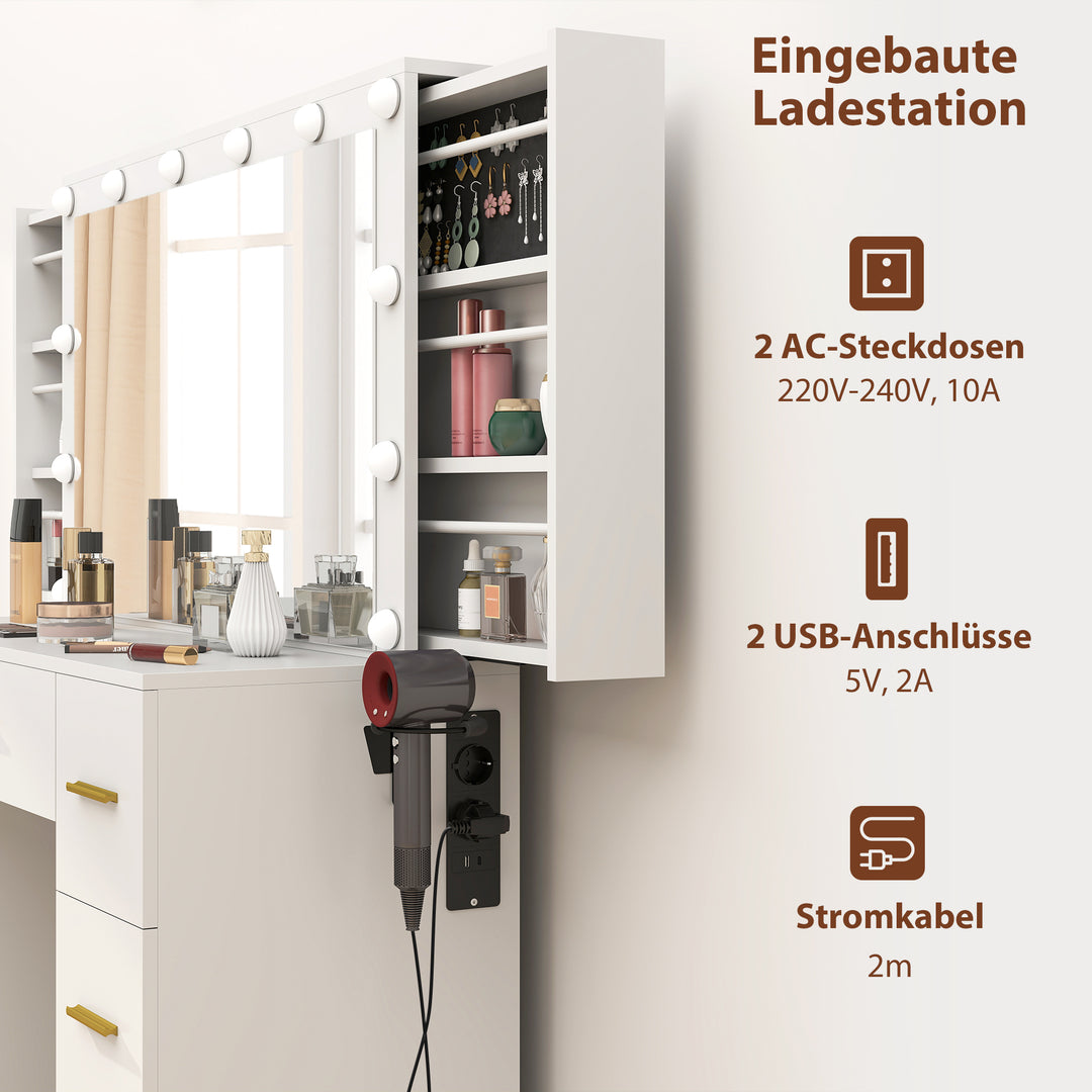 Toiletbord med spejl og 12 led-lys, sminkebord med 7 skuffer, spånplade, hvid