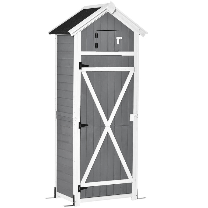 Træskur, vejrbestandigt redskabsskur 78x52,5x182cm, redskabsskur med dør, gavltag, redskabsskab med kroge, foldbart bord, redskabsskab haveskur til have, terrasse, grå