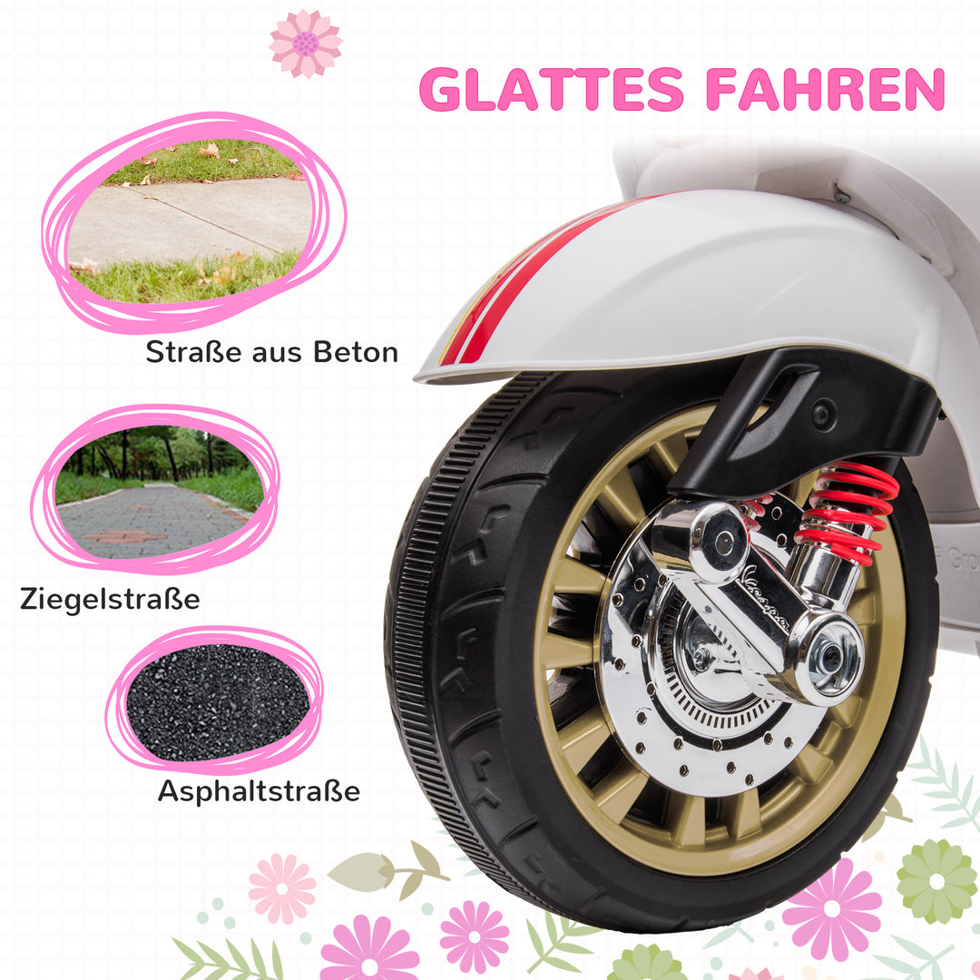 Elektrisk børnemotorcykel, vespa, 3 km/t, 3-6 år, musik, lys og radio, hvid