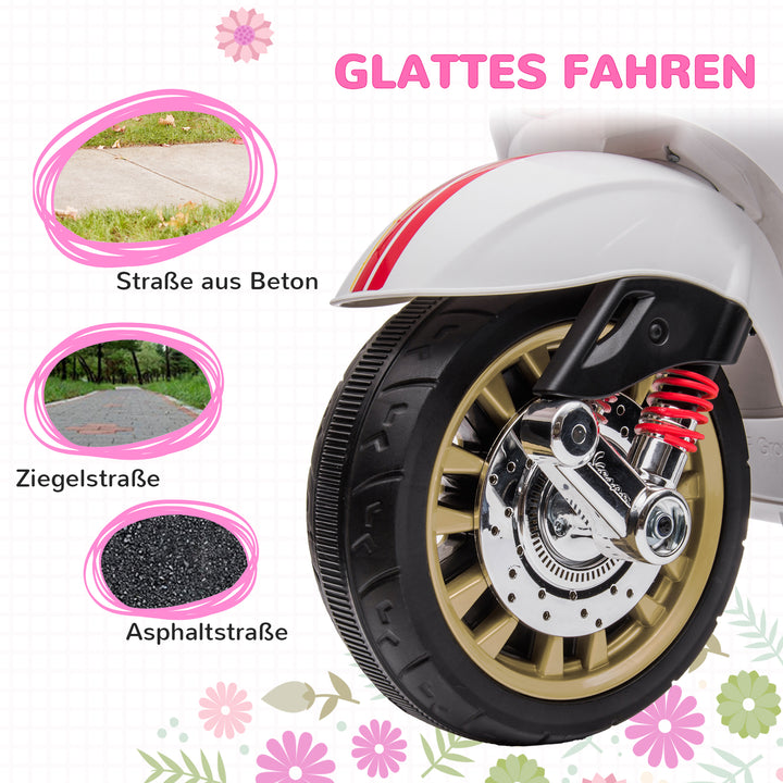 Elektrisk børnemotorcykel, vespa, 3 km/t, 3-6 år, musik, lys og radio, hvid