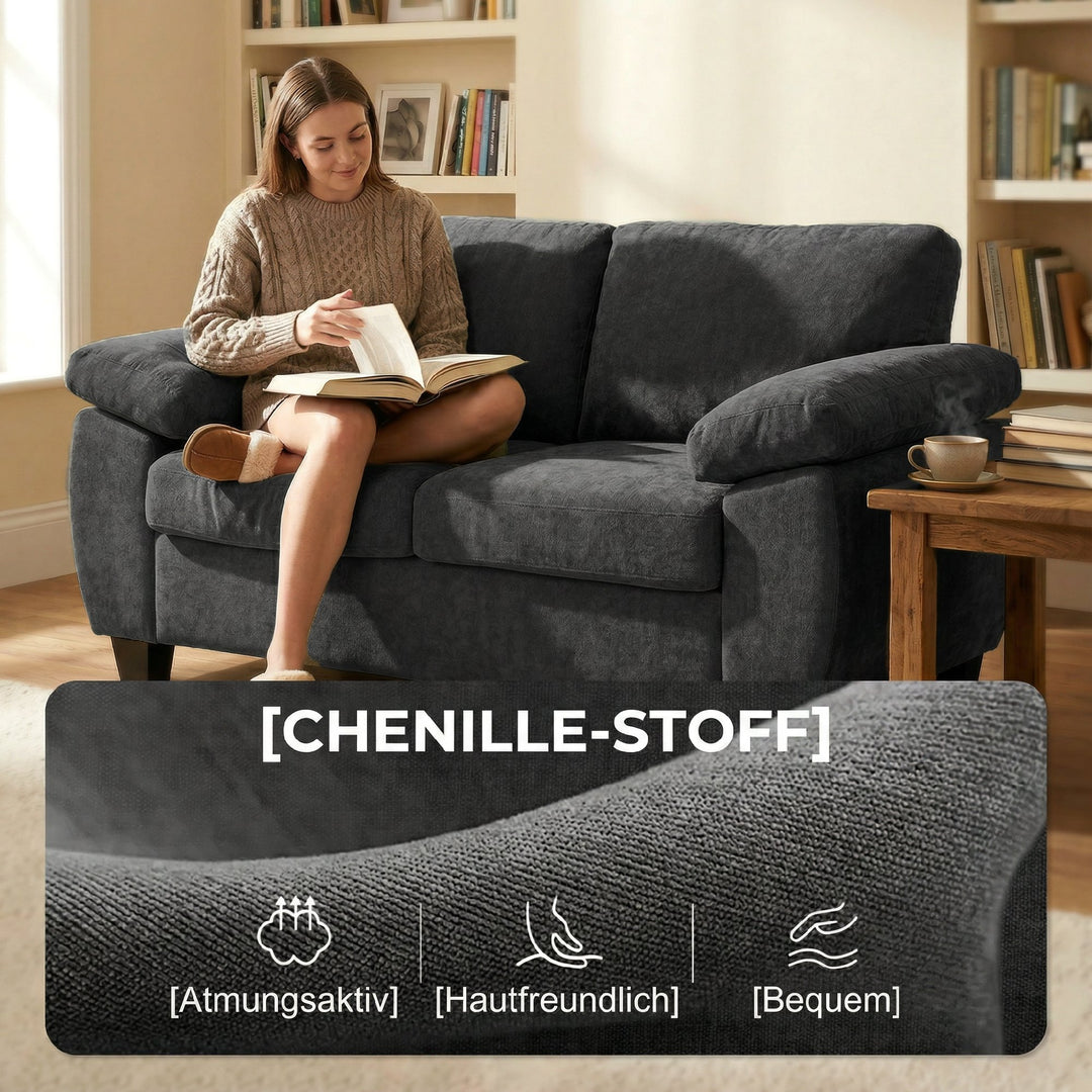 2-personers sofa, 156 cm chenillesofa med tykke fjederkernehynder, brede polstrede armlæn, 300 kg lasteevne, mørkegrå