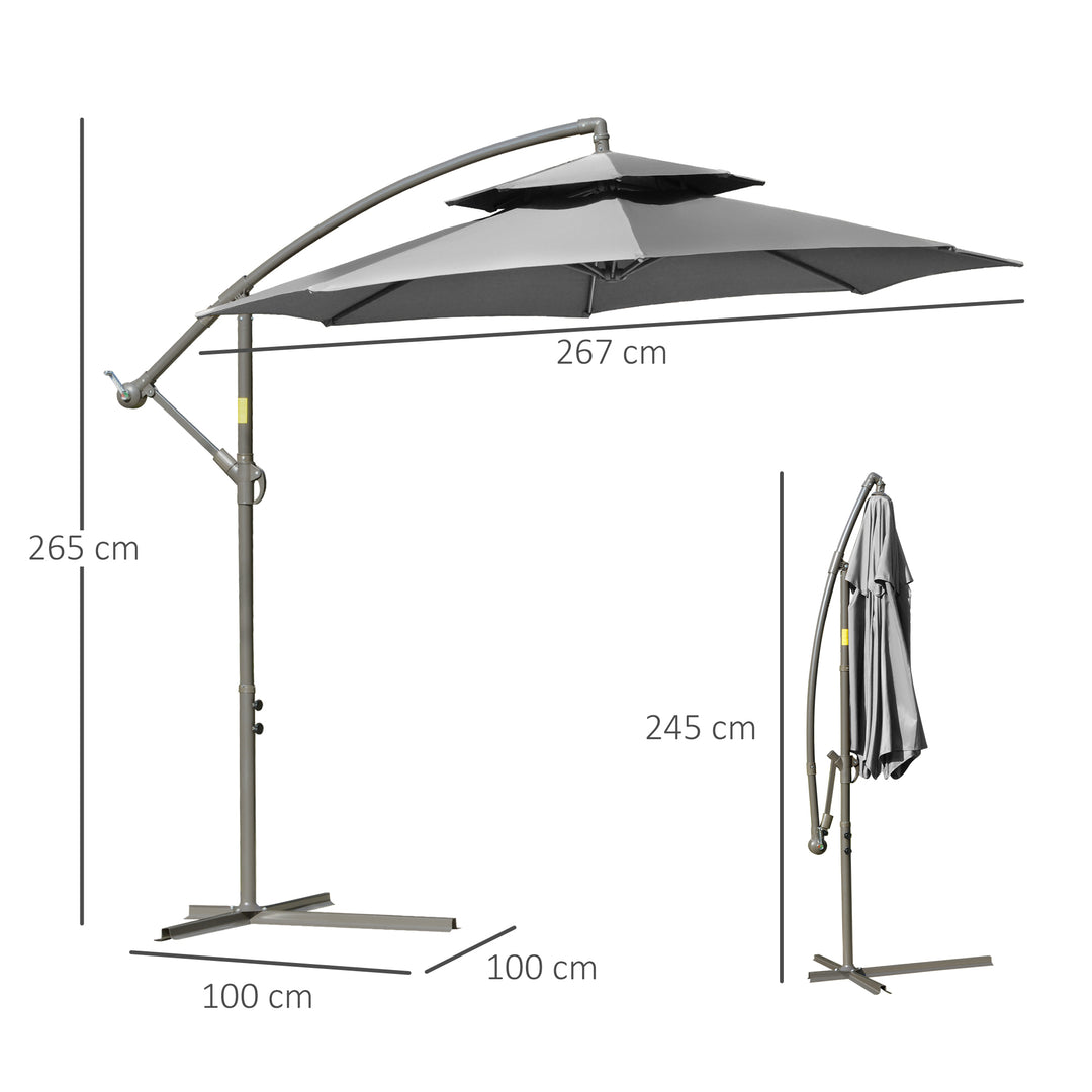 Parasol fritbærende parasol ø2,67 x 2,45 m svingparasol med dobbelt tag krydsfod stål udendørs solbeskyttelse polyester stål lysegrå