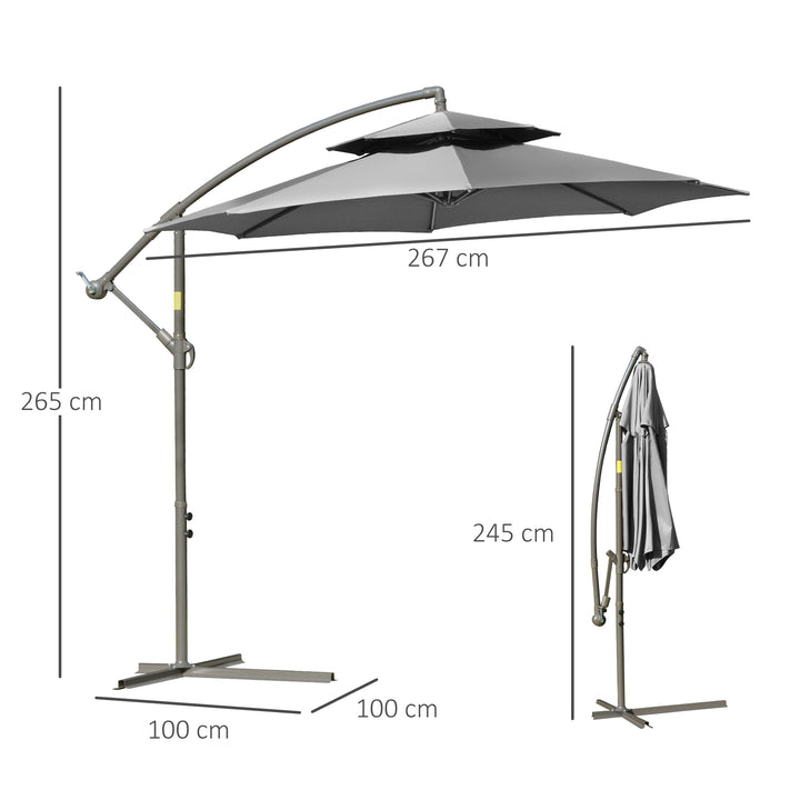 Parasol fritbærende parasol ø2,67 x 2,45 m svingparasol med dobbelt tag krydsfod stål udendørs solbeskyttelse polyester stål lysegrå