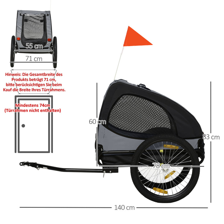 Hundetrailer, cykeltrailer op til 20 kg, netvindue, rulleovertræk, universalkobling, sort, 140 x 71 x 83 cm