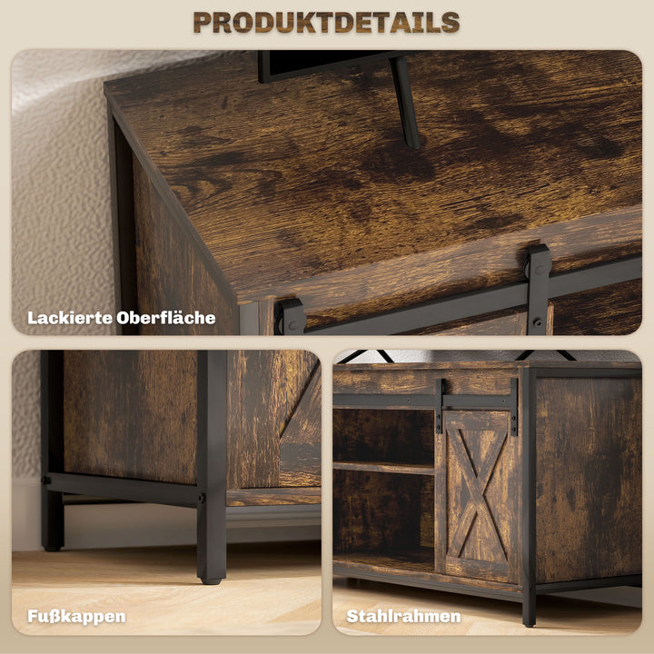 TV-lavbord, industrielt design, til 60" TV, 6 rum, 2 skydelåger, brun/sort
