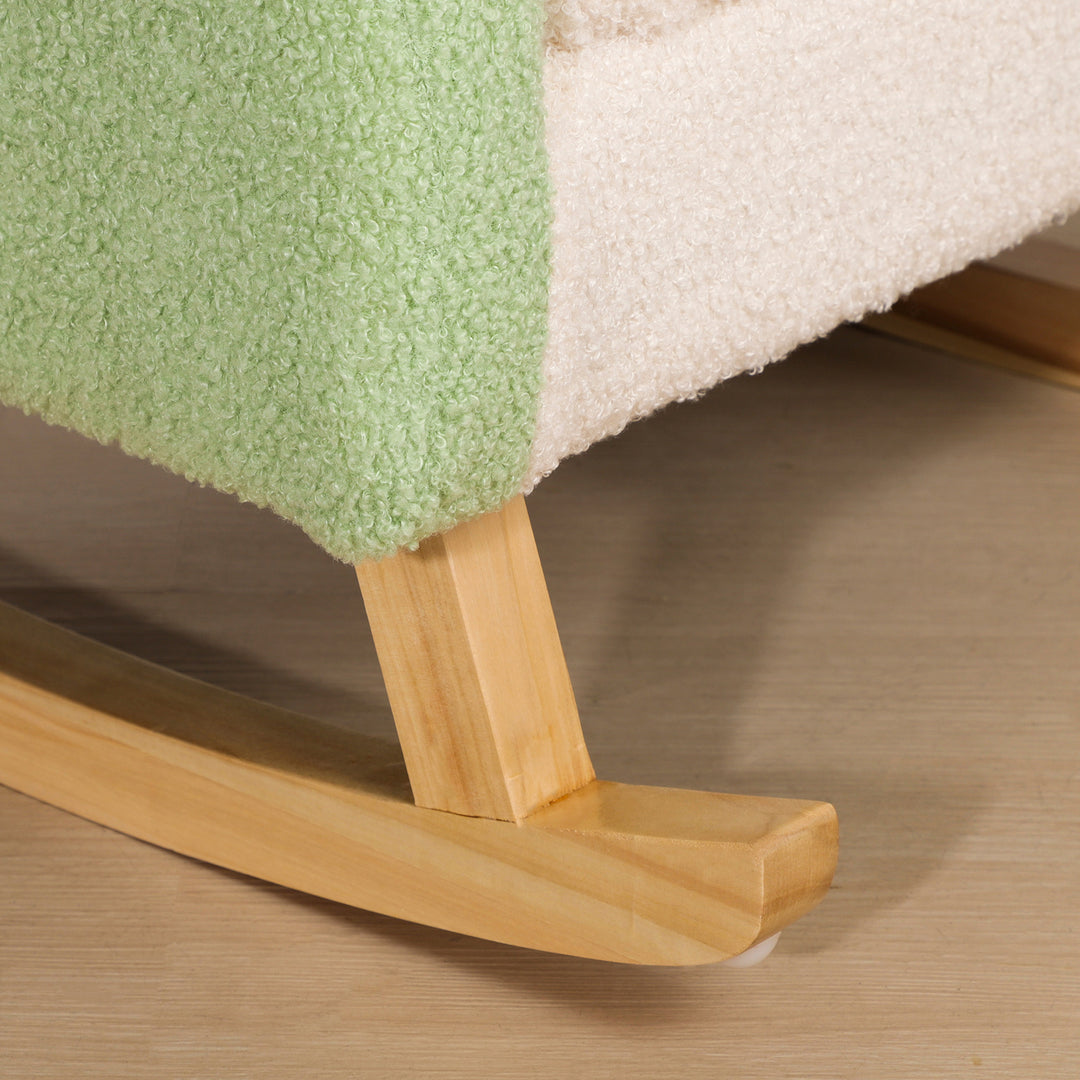 Gyngestol til småbørn sødt design, imiteret fåreskind, eukalyptustræ grøn + gul beige